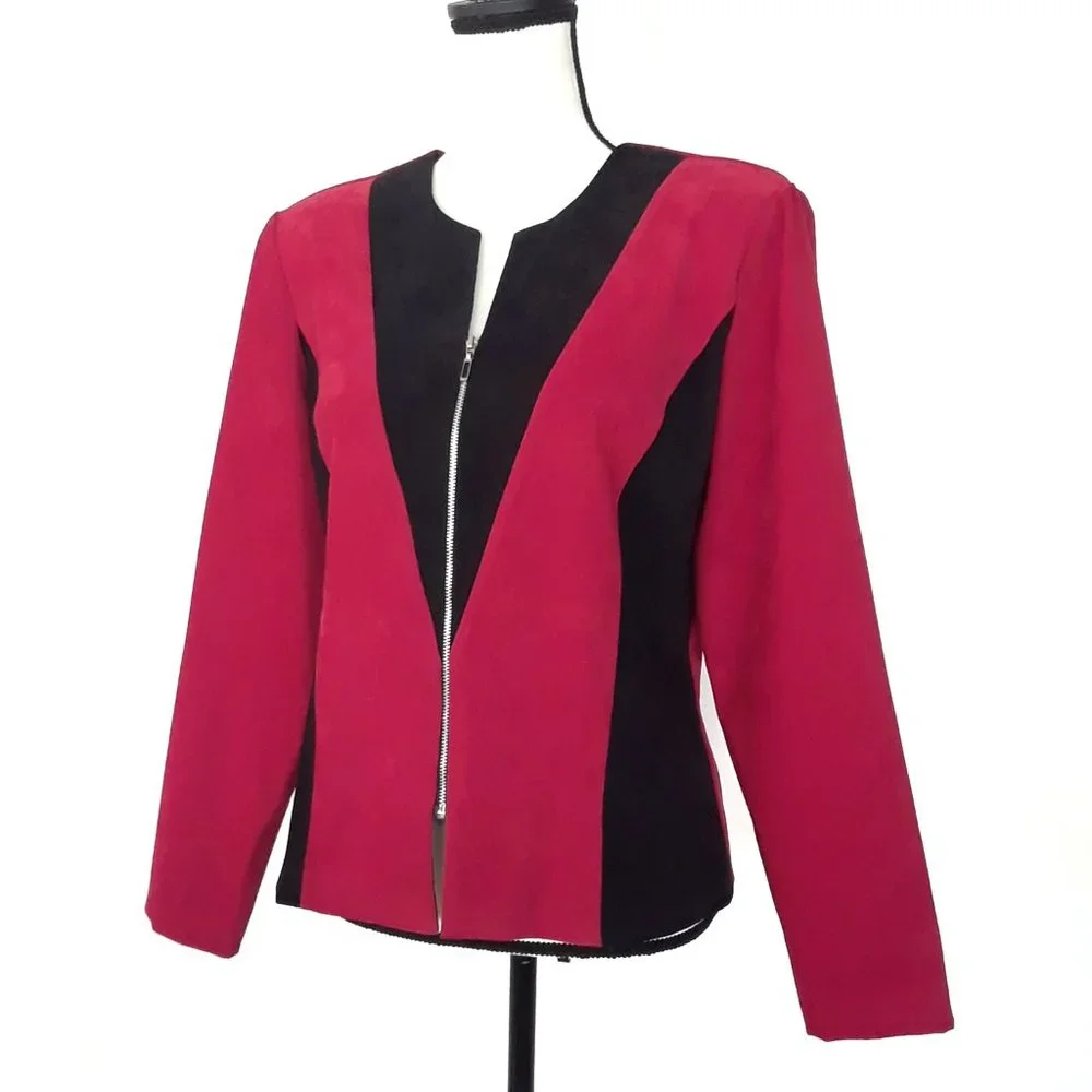 Vintage 1980s Red Black Micro Suede Zip Up Jacket - Picture 4 of 10